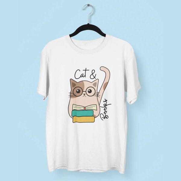 Cat & Books Round Neck Half Sleeve Classic T-Shirt fashionfront